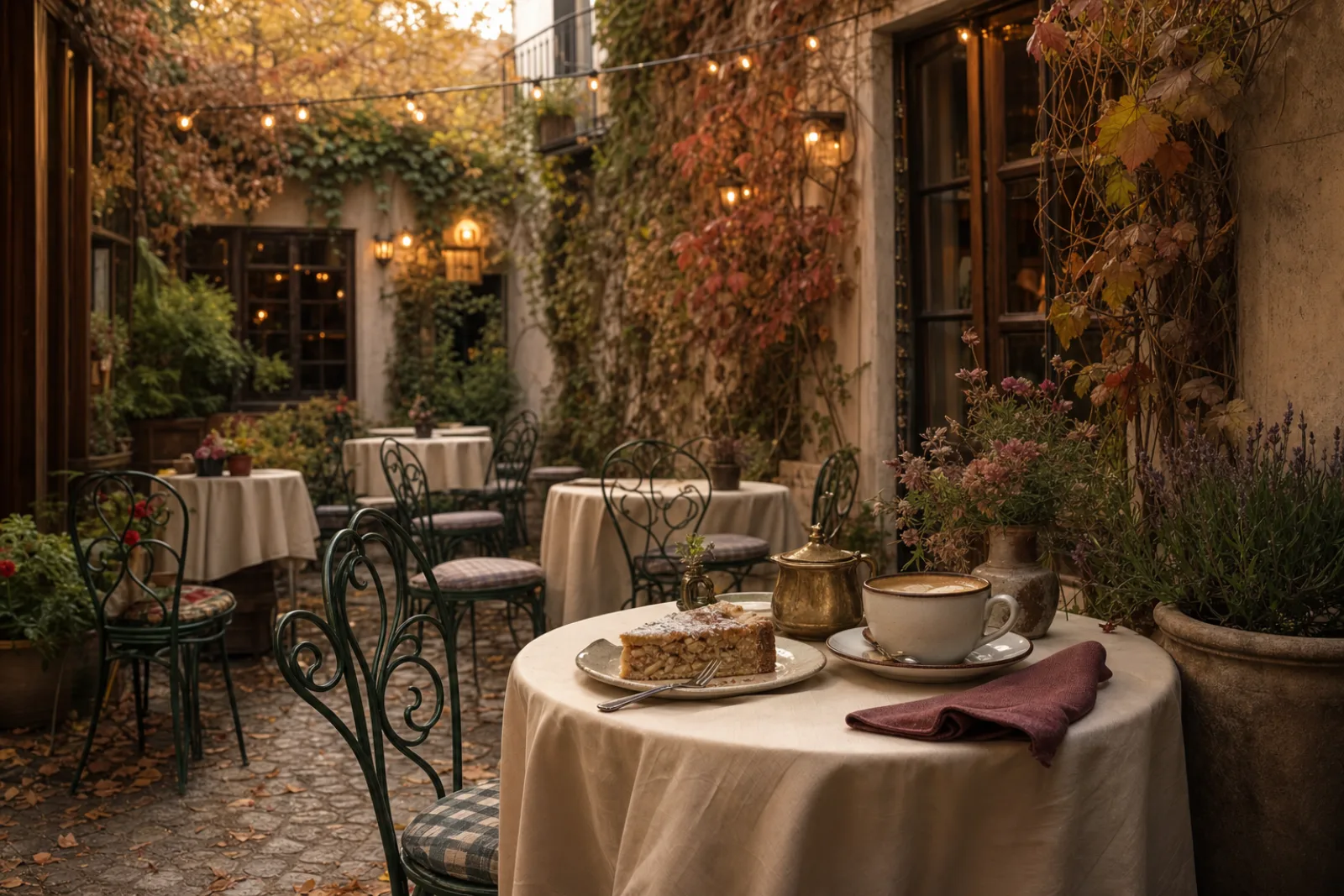 Fiktiver begrünter Café-Innenhof im Herbst