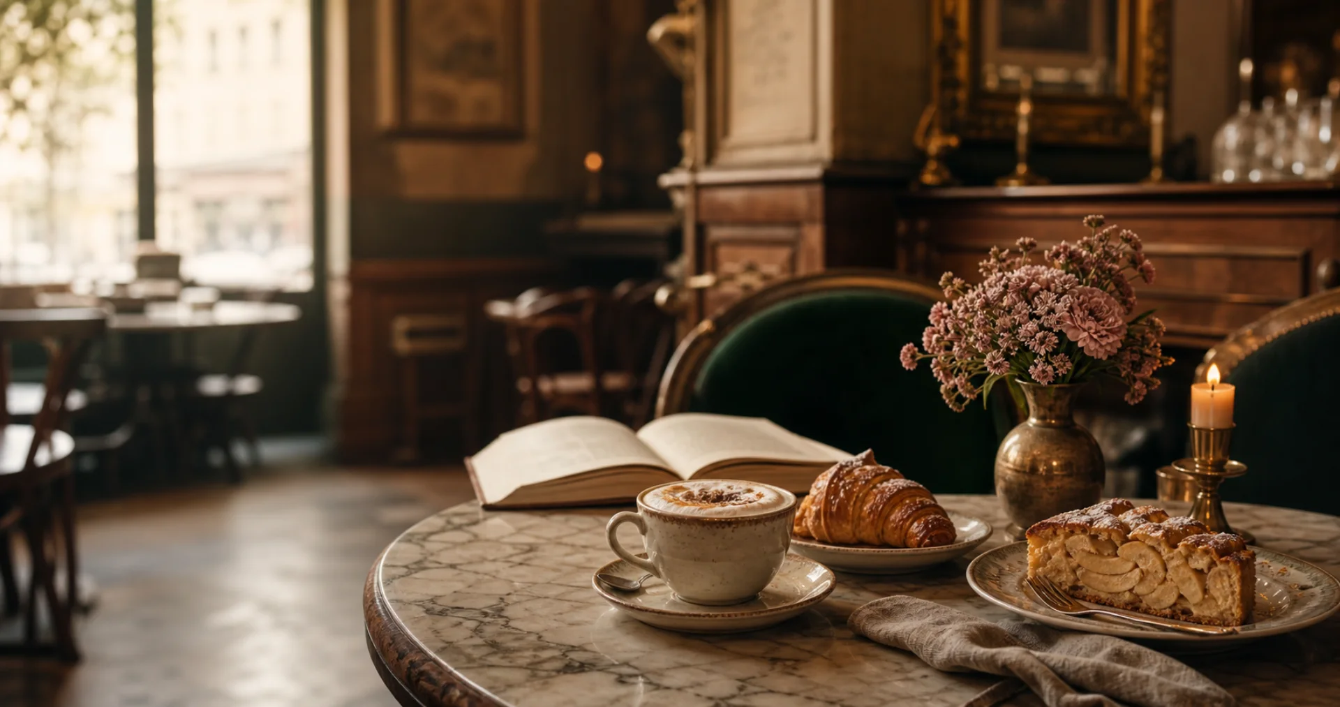 Fiktive Vintage-Café-Szene mit Kaffee, Croissant und Apfelkuchen