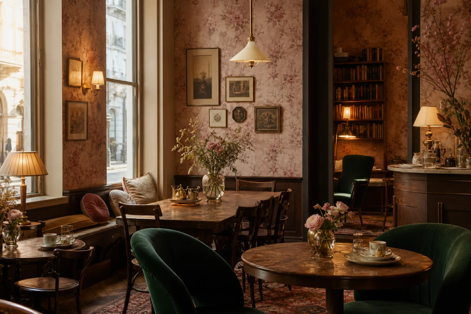 Fiktiver Vintage-Café-Innenraum mit Holztischen und grünen Sesseln